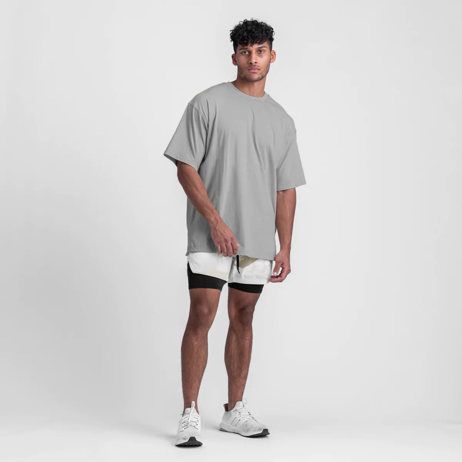 Maglietta da uomo oversize, a maniche corte, in cotone, con scollo rotondo, tinta unita, da uomo, a tre quarti, per il tempo libero