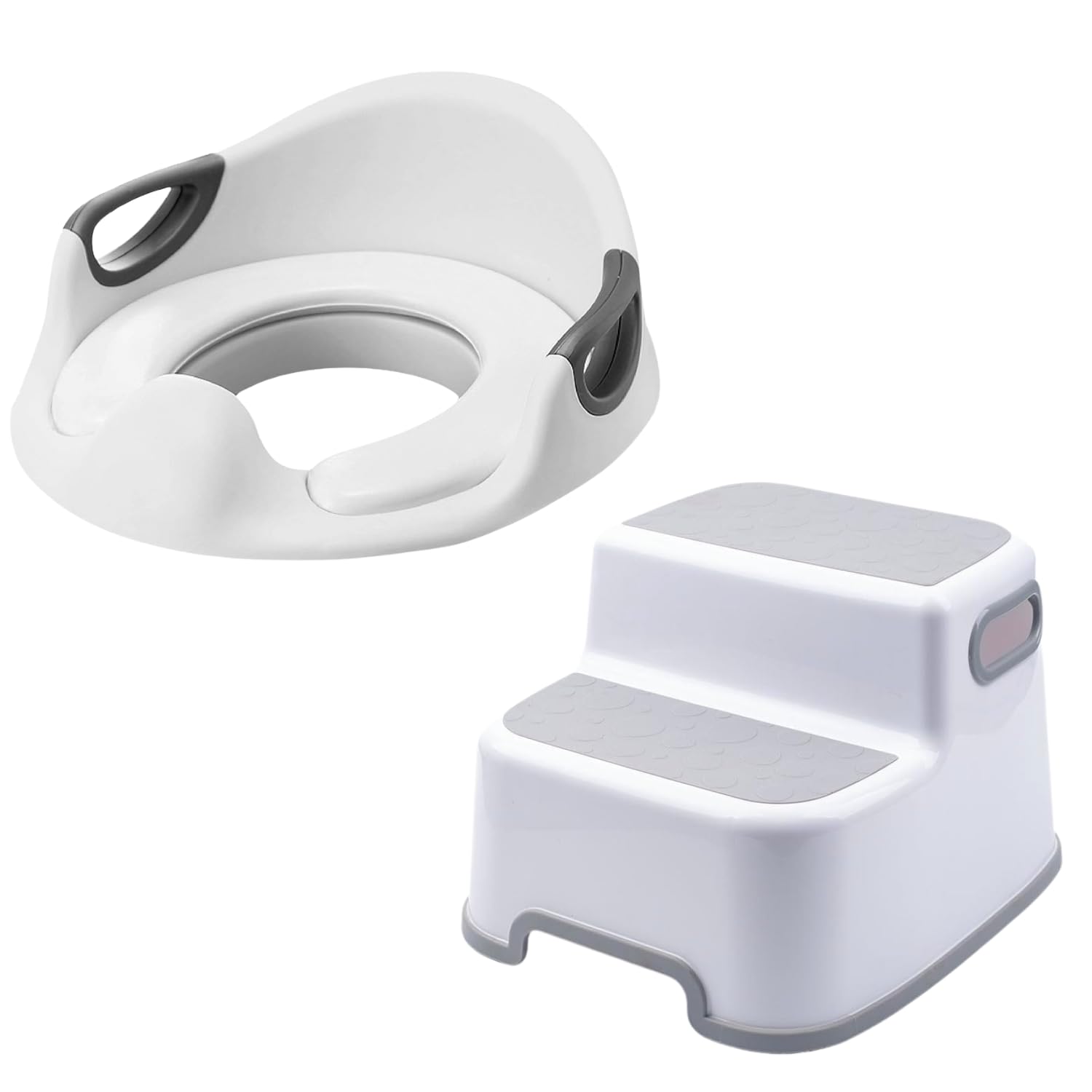 VIROSA Toilet Training Set – 2 Step Stool + Potty Training Seat with Handles & Backrest – Non-Slip, Safe & Sturdy for Toddlers, Boys & Girls – Fits Round & Oval Toilets – Unisex White (White)