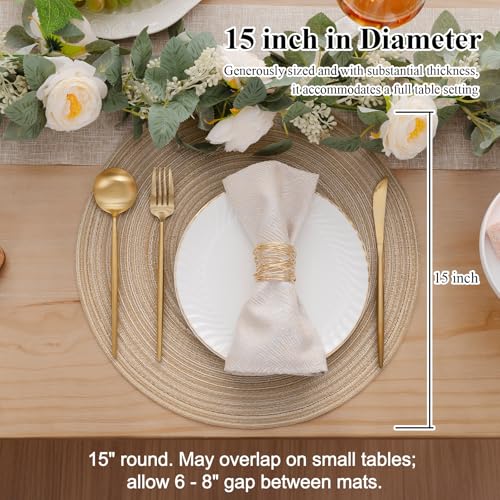 Image of SHACOS 15 inch Round Placemats Set of 6, Cotton Polyester Woven Braided Place Mats, Washable Heat Resistant Circle Table Mats for Dining Table (Beige, 6)