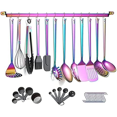Amazon Brand-Eono küchenutensilien Set 37 Stück, Regenbogen Küchenhelfer Set aus Edelstahl, Küchenzubehör mit Besteckhalter und Haken Cover