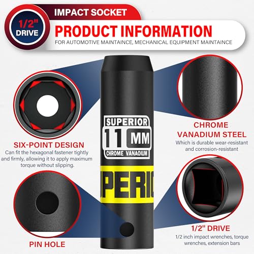 Image of 1 /2 inch Drive Impact Socket, 11 mm Deep Socket, Metric, 6 Point, CR-V, for Automotive Maintaince, Mechanical Equipment Maintaince