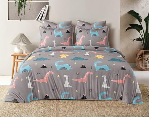 Image of Glace Cotton Single Bedsheet with 1 Pillow Cover | Soft, Durable, Lightweight & Skin-Friendly Fabric| Suitable for Single /Diwan Bed Size 4x6 feet (48x72 Inch) Dinosur