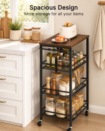 Pipishell Laundry Storage Cart with Wheels, Handle & Wood Top, Metal 4 Tier - image 4