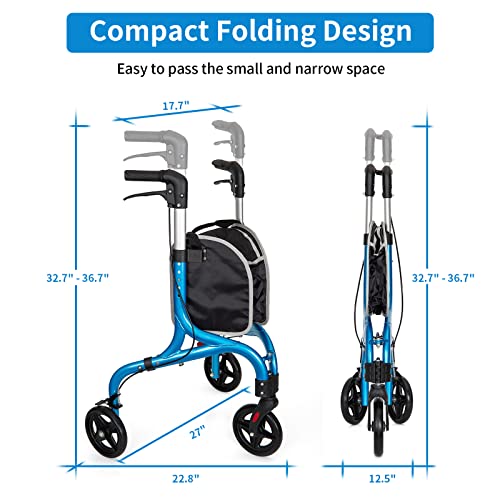 Image of PLANETWALK Premium 3 Wheel Rollator Walker for Seniors - Ultra Lightweight Foldable Aluminum Mobility Aid with Height Adjustable Handle and 7.5 Inch Wheels, Brilliant Blue