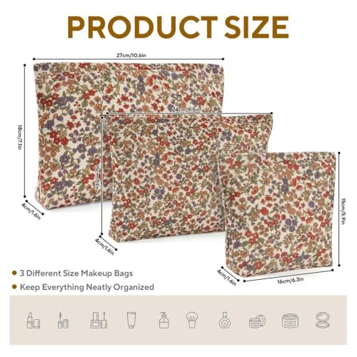 3Pcs Floral Makeup Bags, Cosmetic Bags for Women, Large Capacity Corduroy Makeup bag Set and Portable Mini Makeup Bag,Aesthetic Women Handbags Purses, Travel Essentials Aesthetic Stuff (Floral 01)2