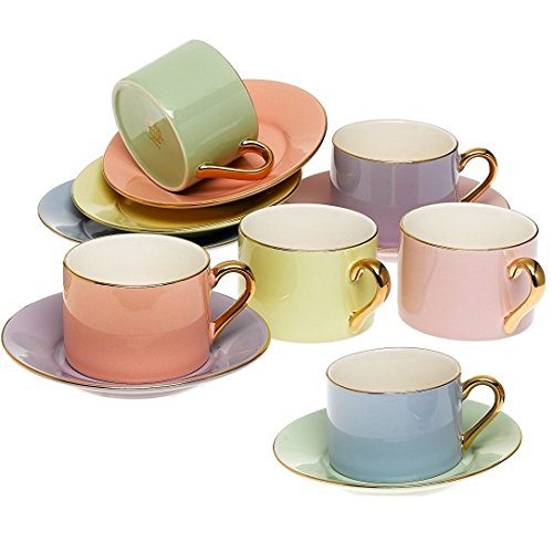 Yedi Houseware Classic Coffee and Tea Cups & Saucers|Complete, Premium Quality Porcelain Set In Beautiful Pastel Colors with Gold Plated Rims & Handles|Stunning Hostess Gift Idea|7oz (Set of 6)