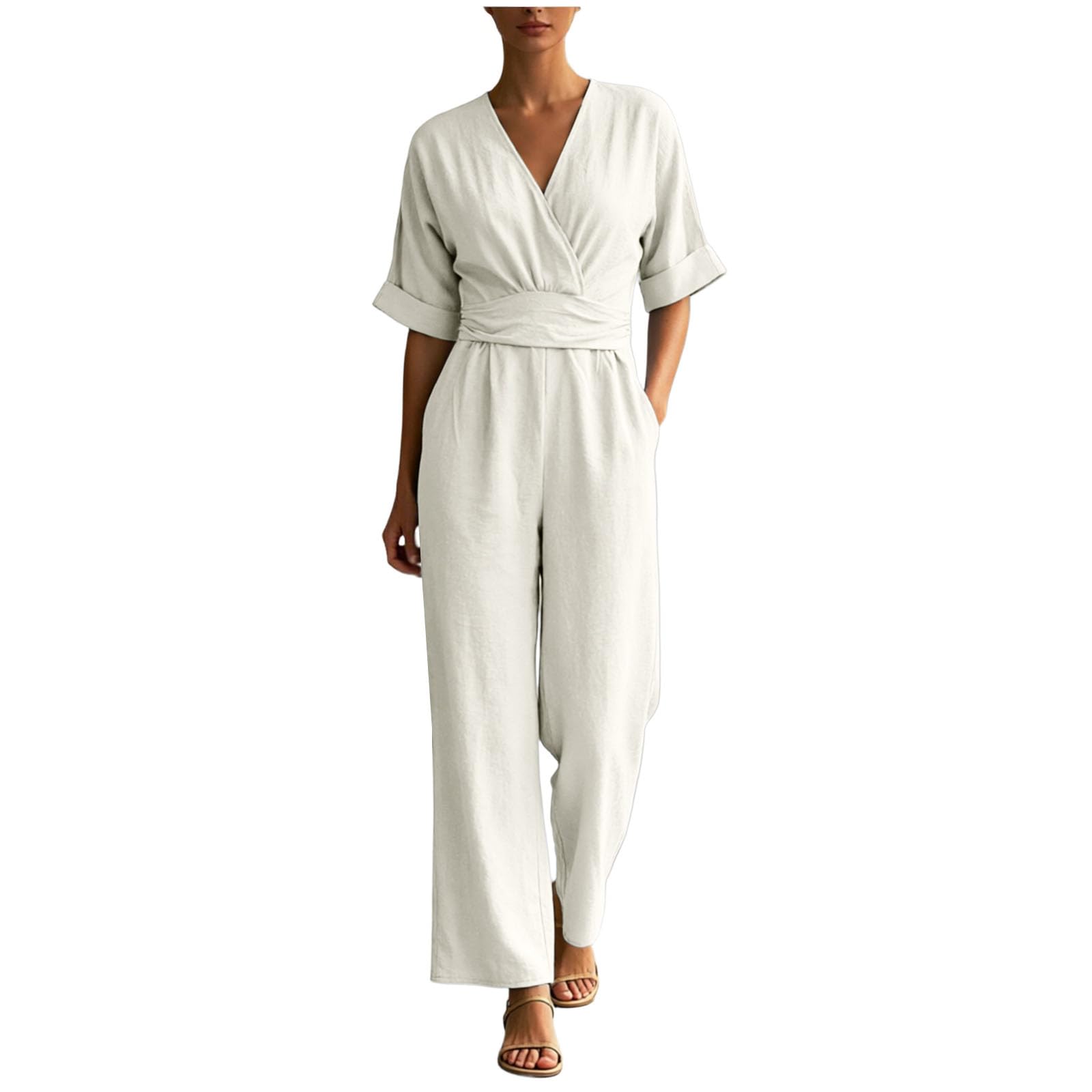 Genérico Mono Elegante De Verano Para Mujer, Pierna Ancha Con Cuello En V, Estilo Ejecutivo Versátil, Ideal Para Bodas, Recepciones Y Uso Diario, También Perfecto Pantalones De