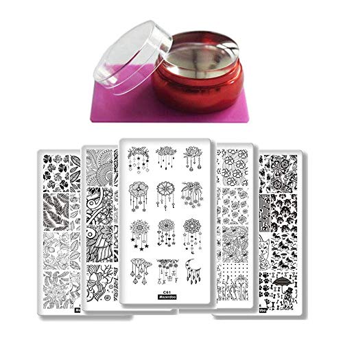 8 Pcs Nail Art Stamping Template Mandala Lace Flower Cute Dog Summer Manicure Print DIY Image Plate with Silicone Jelly Stamper Kit
