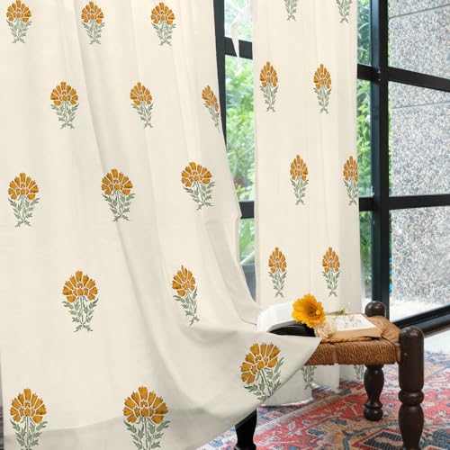 Image of Urban Space 100% Cotton Floral Curtains 5 Feet Long Set Of 2, 60-65% Room Darkening Curtains, Decorative Curtain With Eyelets /Rings For Hanging, Tieback Included (Marigold Yellow, 5 Feet)