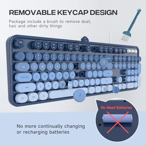 Image of MOWUX Computer Keyboard Wired, Plug and Play USB Retro Round Typewriter Keyboard, Full Size Wired Keyboard with Foldable Stands for Laptop and Office PC- Sea Blue Gradient