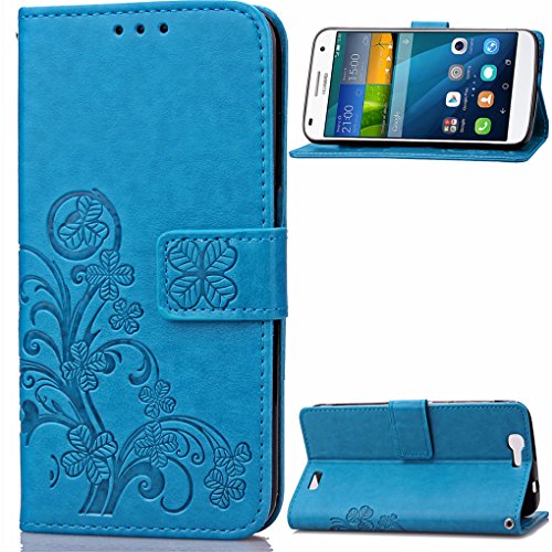 SATURCASE G7 Custodia, Huawei Ascend G7 Custodia, Clover Fortunato Pelle Sintetica Flip Magnetico Portafoglio Supporto [Slot per Schede] Protettivo Caso Case Custodia Cover per Huawei Ascend G7 (Blu)