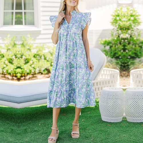 Image of Women Patchwork Dress Y2k Floral Puff Short Sleeve Maxi Dress Summer Boho Smocked Tiered Ruffle Beach Sundress