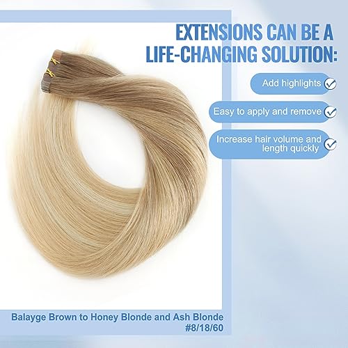 Image of Sixstarhair Invisible Tape In Hair Extensions Real Human Hair Ash Brown Fading into Ash Blonde Remy Tape Hair Extensions for Woman 20 Pieces 50g [Color #B8-18-60 22 inch]