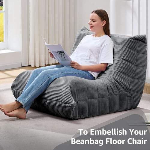 Image of Hobestluk Adults Bean Bag Chair Faux Fur BeanBag Couch for Living Room | Grey Corduroy,Ergonomic Design,Memory Foam,UltraSoft,Anti-slip Bottom,No Assembly Required,Decorative Style for Living Room
