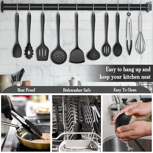 Onader Black Kitchen Utensils Set, 24 Pcs Silicone Cooking Utensils with 10 Hooks, Heat Proof Kitchen Tools Include Spatula Spoon Turner Tong for Non-Stick Cookware - Image 5