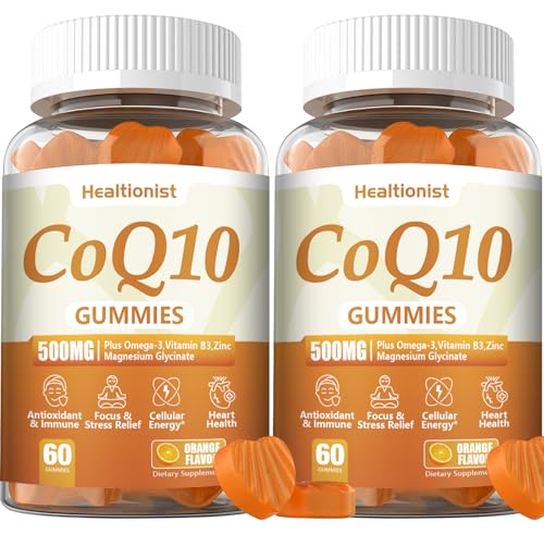 Healtionist 2 Pack 500MG Coq10 Gummies - 3X Better Absorption Plus Omega-3 Magnesium Vitamin B3 & Zinc - Coenzyme Q10 Supplements for Heart Health Cellular Energy & Antioxidant Vegan 120 Counts