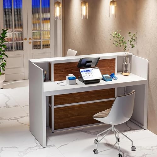 Image of TEKAVO Elite Reception Table for Office, Shop, Clinic, Showroom | Front Desk for Office | White & Brown Wood | 160 x 60 x 110 CM | DIY Assembly