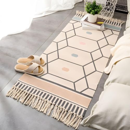 Image of SAGON 2x5 Ft Printed Runner Carpet - Cotton Bedside Rug for Bedroom & Living Room (Honeycomb Geo)