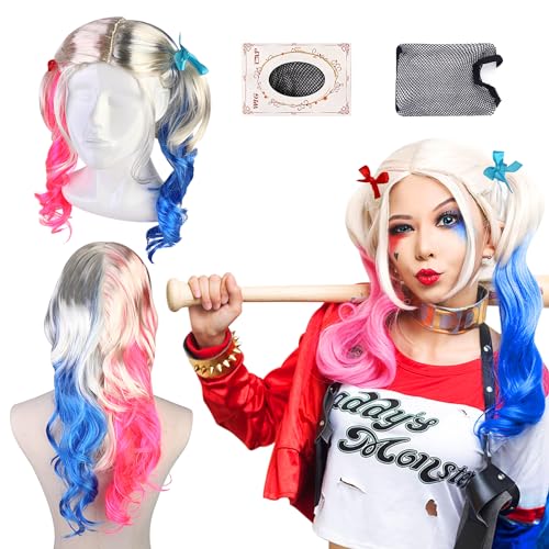 2Pcs Long Pink Blue Wigs for Women Curly Wavy Blonde Blonde Ombre Pink Blue Three Tone Synthetic Wig Half Colorful Hair with Wig Cap Anime Cosplay Wigs for Halloween Christmas Party Carnival