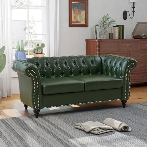 Image of QHITTY Accent Sofa, Chesterfield Loveseat Modern Leather Couch Upholstered Sofa with Tufted Back for Living Room Furniture (Green)
