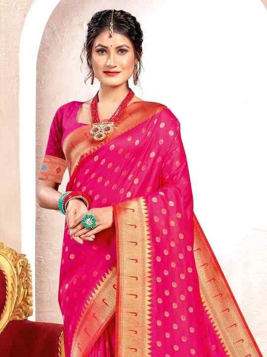 Shiv Textiles Women's Silk Woven Design With Zari Bordr Paithani Saree(AUS-BWKVT1001-PINK) 1