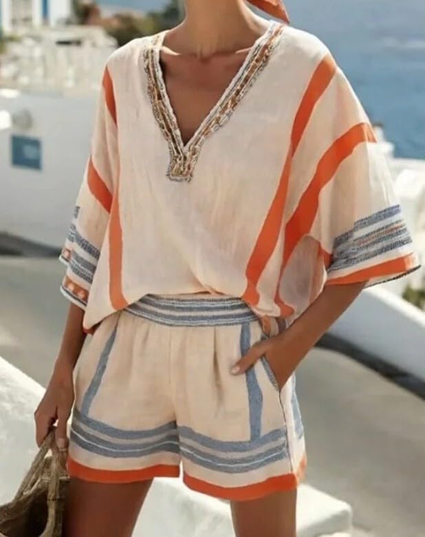 ksotutm Womens Vacation Outfits Boho Print V Neck Short Sleeve Top Pocket Loose Shorts 2 Piece Sets for Going Out