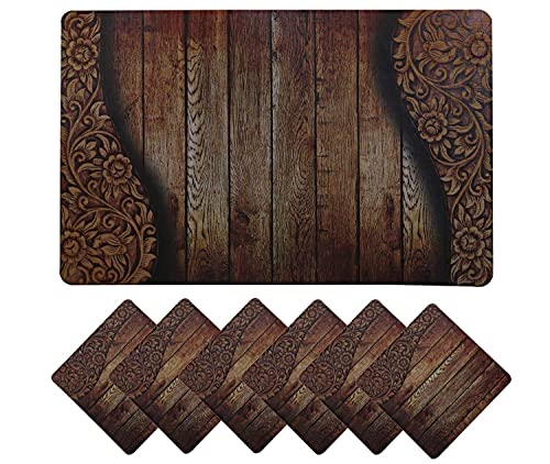 Kuber Industries Wooden Design PVC 6 Piece Dining Table Placemat Set with Tea Coasters - Brown