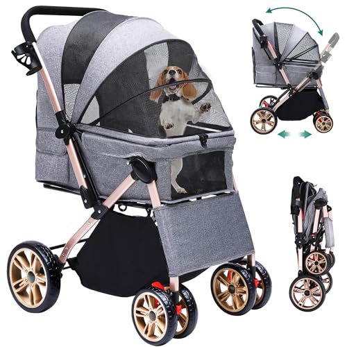 YITAHOME Passeggino pieghevole per cani di piccola taglia, con manico reversibile, finestra a rete, porta bevande, ruote in EVA girevoli a 360° con freni (grigio)