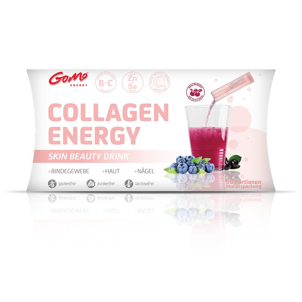 GoMo ENERGY – Collagen Energy Getränkepulver mit 5000mg Marine Kollagen, Biotin, Zink, Selen, Vitamin B & Vitamin C – zuckerfreier Kollagen Drink für Bindegewebe, Haut, Haare & Nägel (30 Portionen)