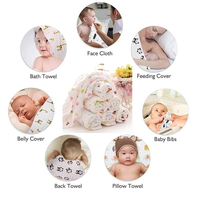 Wickston 100% Cotton Muslin Baby Burp Cloth 50 × 25 cm | 6-Layer Soft & Absorbent Gauze Towel for Newborns & Adults | Multi-Print Face Towel for Feeding & Daily Use (4, White Printed (50 x 25 CM))
