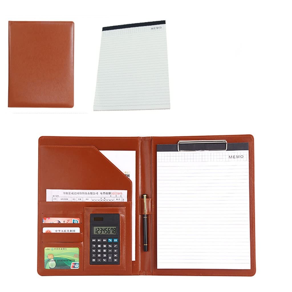 Skórzany notatnik biznesowy z podkładką w formacie Letter, segregator A4 do teczki organizera, CV na rozmowę kwalifikacyjną(Brown,8digit calculator)