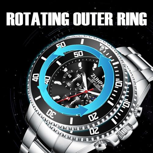 Image of ZUIPAI Moon Phase Watch for Men Chronograph Dial Analog Quartz Wristwatch Luxury Diamond Business Dress Watch with Luminous Waterproof Calendar Stainless Steel Strap