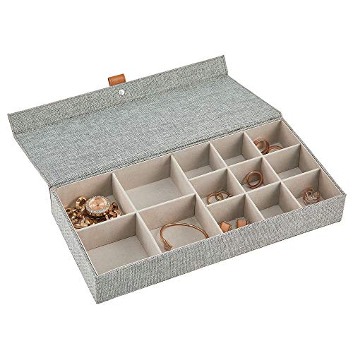 mDesign Fabric 13-Compartment Jewelry Storage Box - Divided Organizer Tray for Storage on Dresser, Vanity, Countertop - Holds Earrings, Bracelets, Necklaces, Bangles, Rings - Dark Gray