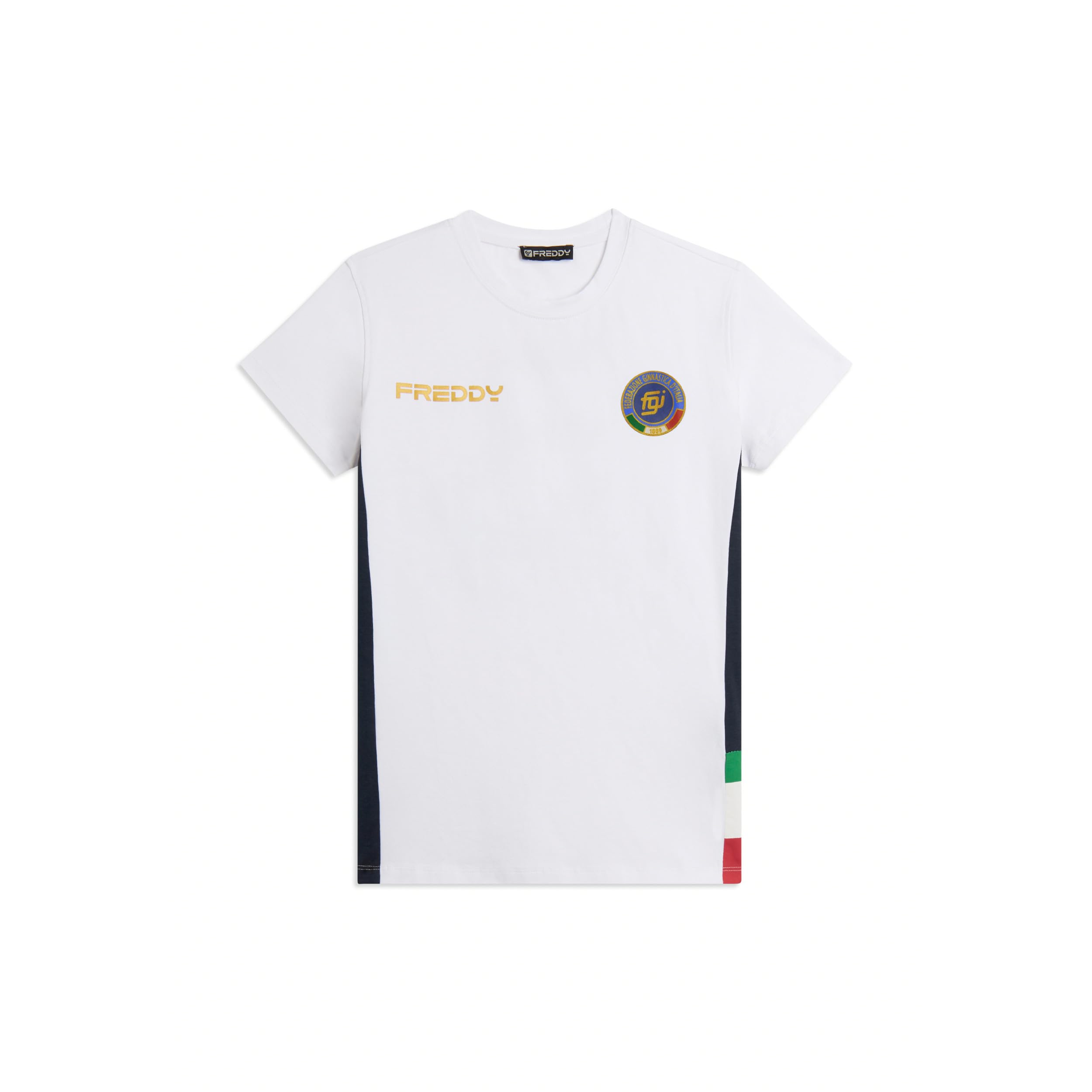 FREDDY - Maglietta Donna Nazionale Italiana di Ginnastica FGI in Jersey di Cotone Elasticizzato - T-Shirt con Girocollo Bianco con Maxi Stampa ITA sulla Schiena