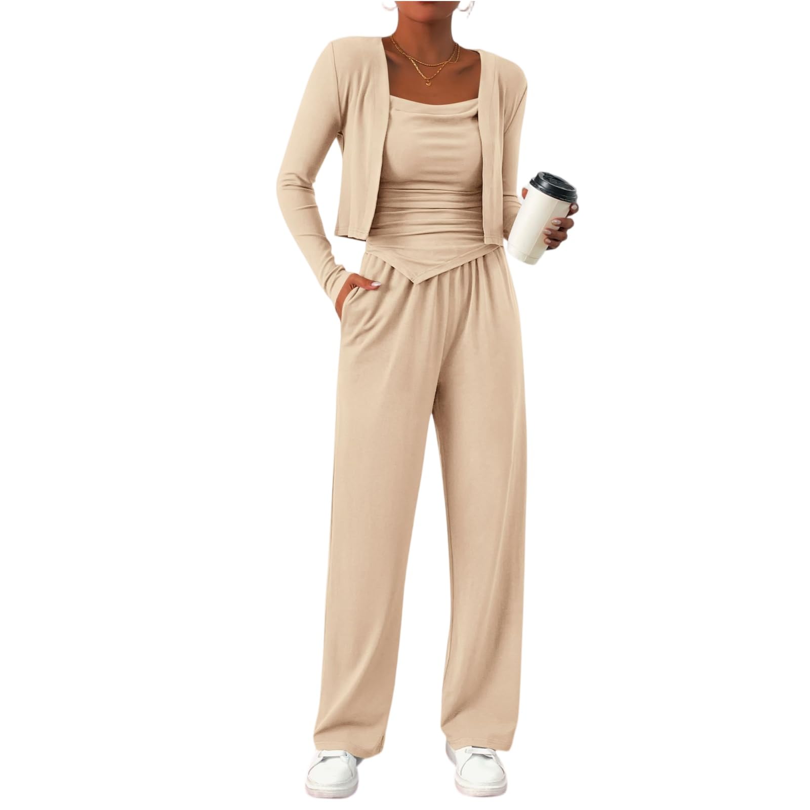 3 Pezzo Donna Manica Lunga Semplice Nubilato Top E Pantaloni Impero Waist Inverno Senza Colletto Sottile