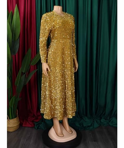 SOMTHRON Women's Sequin Dress Plus Size Long Sleeve A-Line Flared Party Cocktail Sparkle Glitter Evening Shiny Maxi Dress4
