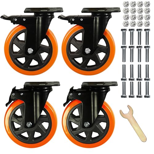 6 Inch Heavy Duty Swivel Casters, Load 2800 Lbs, Double Locking, Double Bearings, Individual Brake PVC Material, Set of 4