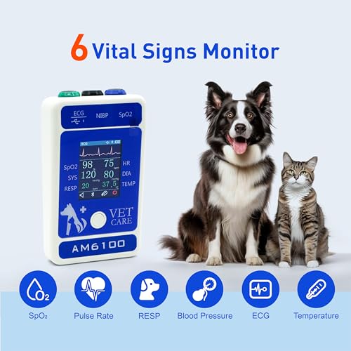 Pepultech Handheld Veterinary Pulse Oximeter,Rechargeable Dog Blood Pressure Monitor, 6 Parameters Animal Patient Mnitoring Equipment with 2.4\" Display and Bluetooth for Pets Cat Home Clinic Use