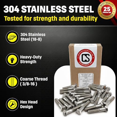 Image of Chenango Supply 3 /8-16 x 1-3 /4 inch Stainless Steel Hex Head Bolts - 304 Stainless, USS Coarse Thread, 100,000-125,000 PSI Tensile Strength, Corrosion-Resistant Hardware Bolts, (25 Pieces, 3 /8-16 x 1.75)