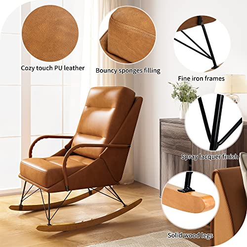 Hernest Faux Pu Leather Rocking Chair Nursery Glider Chair With Cushion And Solid Wood Base Comfy Upholstered High Back Rocking Accent Chair Indoor Arm Chair For Living Room Bedroom Brown #TOP3