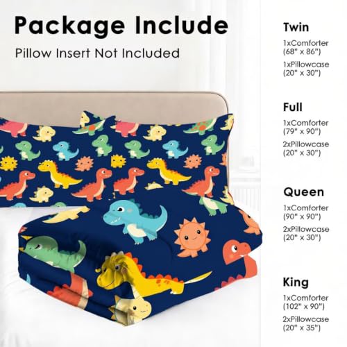 Image of Cartoon Dinosaur Comforter Set for Boys Colorful Twin Bedding Set | Navy Blue Cute Colorful Dino Floral Print Bedding Set for Kids Girls, Washable Soft Bed Set with 1 Comforter 1 Pillowcase