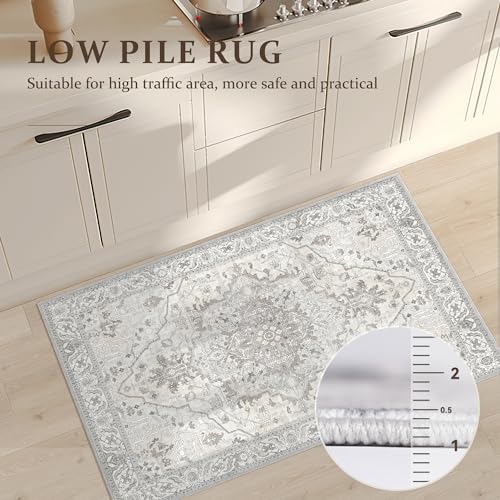 Deerly Vintage Area Rug 3x5 Small Entryway Rug Boho Thin Area Rugs for Living Room Non-Slip Lightweight Washable Rug for Kitchen Entryway Bedroom Dining Room Office, Beige/Multi