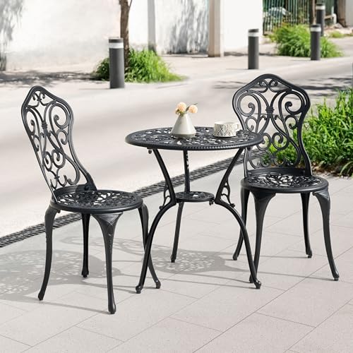 Image of NUU GARDEN 3-Piece Outdoor Bistro Set with 2 Chairs and Round Table with Umbrella Hole, All-Weather Patio Set for Garden, Porch, Lawn, Poolside, Black