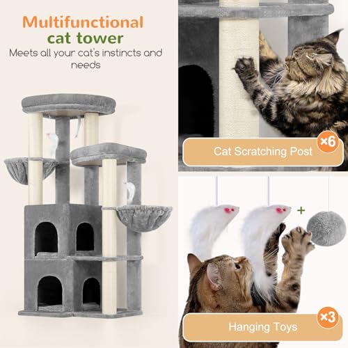Image of Globlazer Cat Tree Tower for Indoor Cats, Sturdy Adult Cat Tree House for Large Adult Cats with 2 Platform, 6 Cat Scratching Post, 2 Cat Caves, Dangling Toys, S63, 63 inch, Light Grey