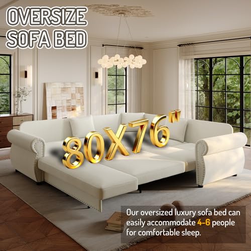 Image of KEIKI 88.2 inch Chesterfield Sleeper Sofa, Chenille Sectional Couch, Beige