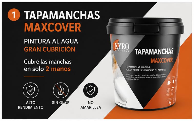 TAPAMANCHAS al agua para paredes y techos. Máxima cubrición. Humo, óxido, café, grasa, aceite. Cubre manchas en 2 manos. (4 Litros)