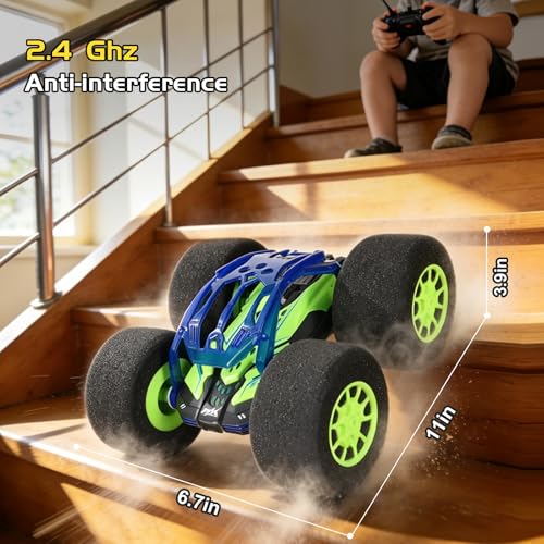 Image of pinkking Indoor Remote Control Car with Oversized Sponge Tires Stunt Soft Wheels RC Car Outdoor Indoor RC Vehicle Toy for Kids Double Sided 360 Rolling Rotating Vehicle for Boys Girls Gift, Green