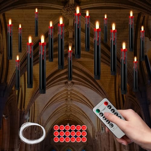 18 Set Halloween Floating Blood Dripping Candle Decoration Hanging LED Flameless Candle with Remote Rope and Hooks Battery Operate Spooky Candlestick Scary Creepy Floating Decor for Window Indoor Home