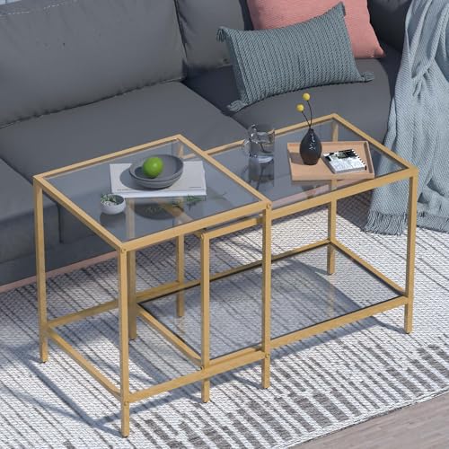 Coffee Table Set of 2,Gold Glass Nesting Coffee Side End Table,Square Modern Center Table for Living Room,Bedroom and Small Spaces,Tempered Glass-top with Sturdy Metal Frame, Easy Assembly