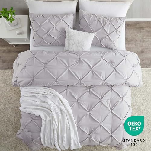Image of Nestl Grey Lavender Duvet Cover King Size - Soft Double Brushed Duvet Set with Button Closure & Corner Ties, 3 Piece Luxurious Pinch Pleated Duvet Cover Set 104x90 Inches with 2 Pillow Shams